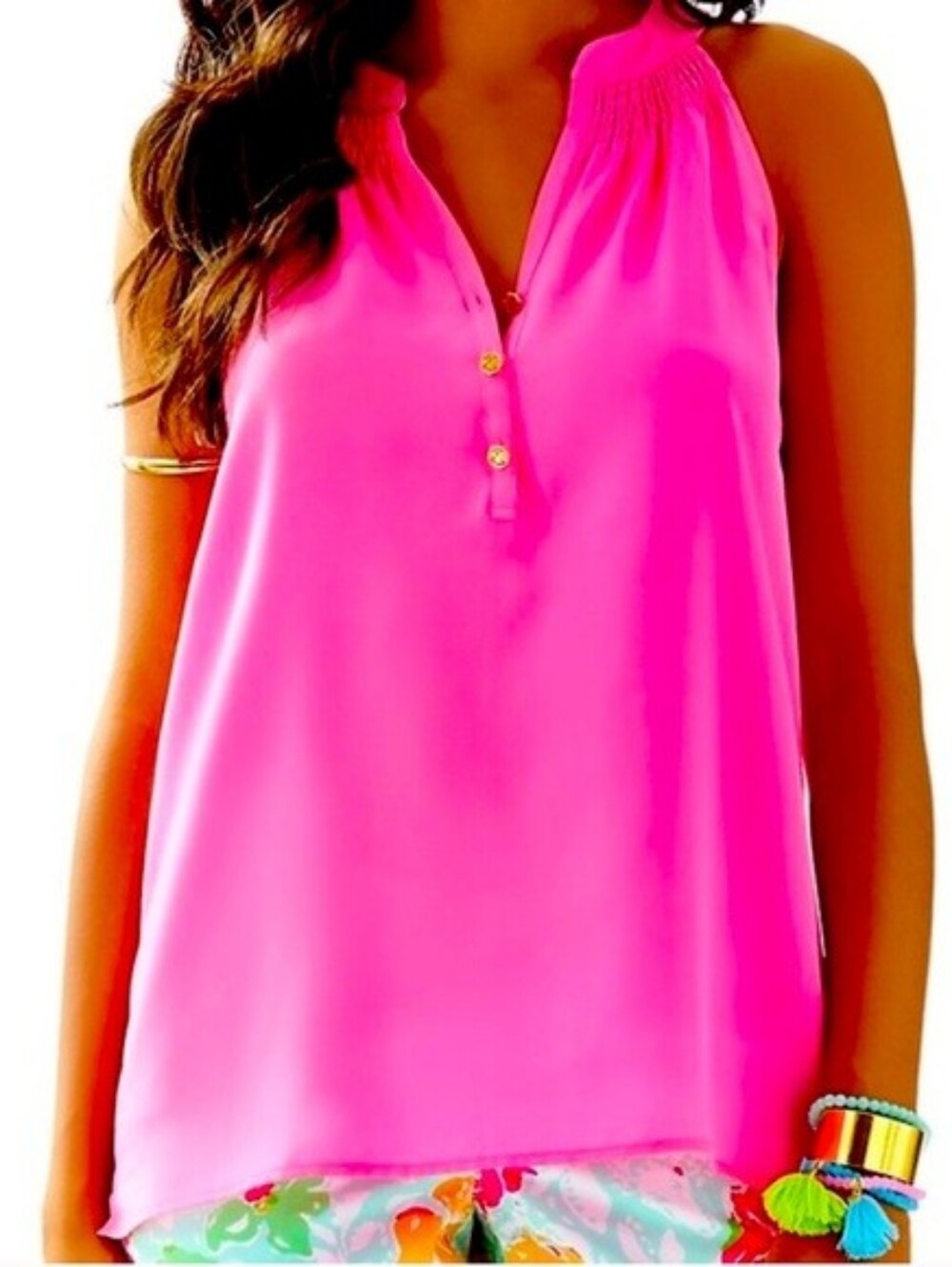 LILLY PULITZER Bailey Sleeveless Top Women's XS Pink 100% Silk V Neck Button Up